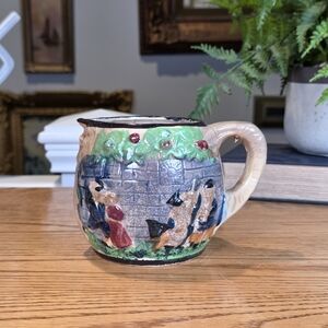 Vintage Relief Pottery Creamer Pitcher | Dickensian Village Tavern Scene